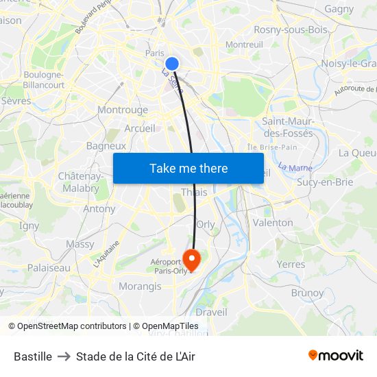 Bastille to Stade de la Cité de L'Air map
