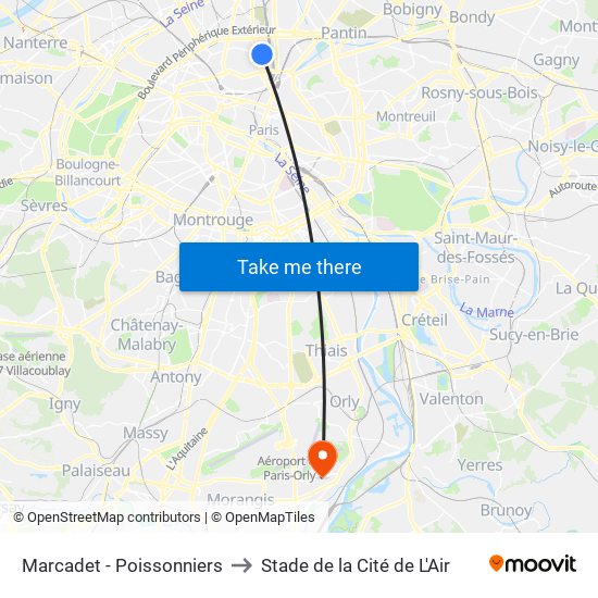 Marcadet - Poissonniers to Stade de la Cité de L'Air map