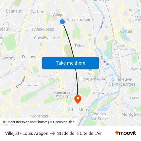 Villejuif - Louis Aragon to Stade de la Cité de L'Air map