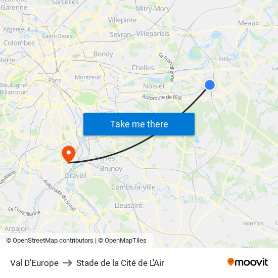 Val D'Europe to Stade de la Cité de L'Air map