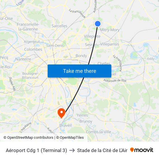 Aéroport Cdg 1 (Terminal 3) to Stade de la Cité de L'Air map