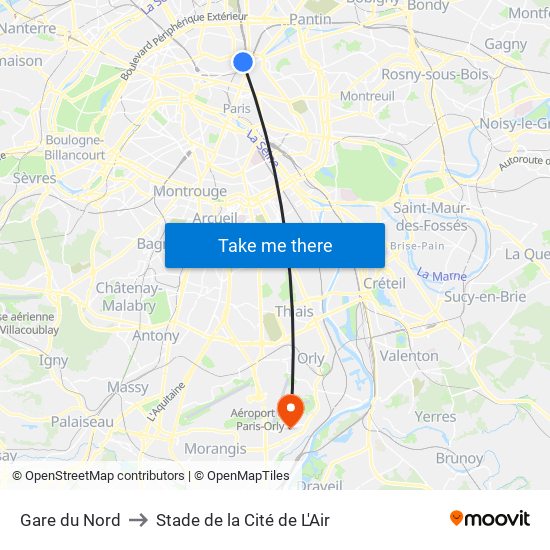 Gare du Nord to Stade de la Cité de L'Air map
