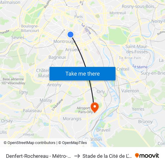 Denfert-Rochereau - Métro-Rer to Stade de la Cité de L'Air map