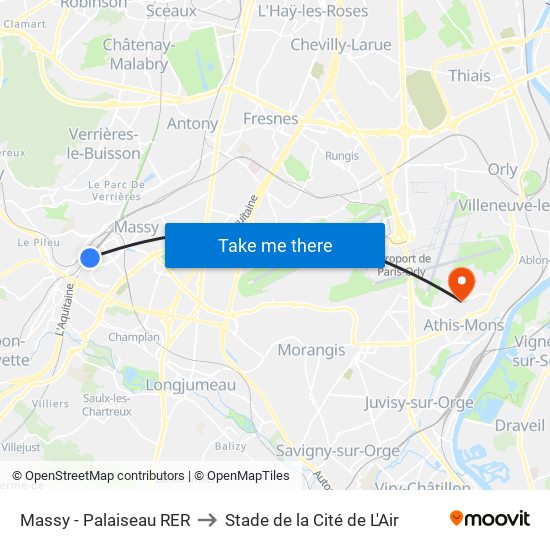Massy - Palaiseau RER to Stade de la Cité de L'Air map