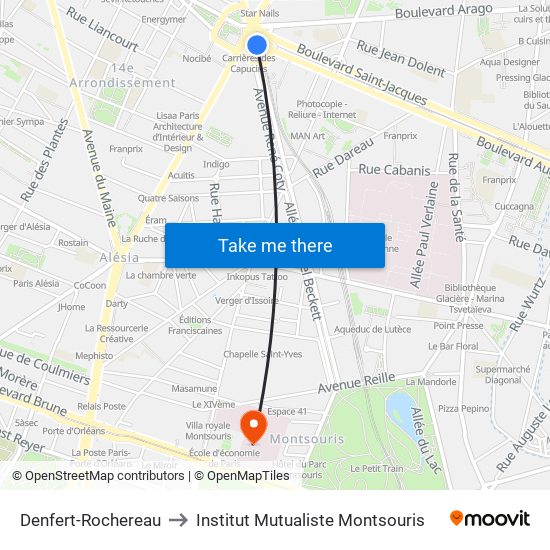 Denfert-Rochereau to Institut Mutualiste Montsouris map