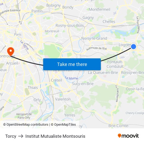 Torcy to Institut Mutualiste Montsouris map