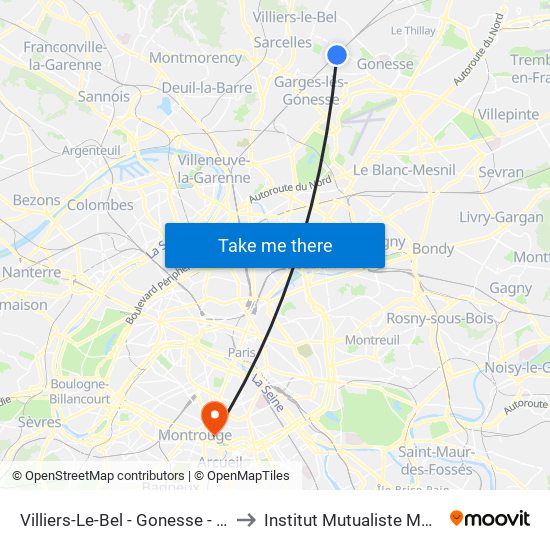 Villiers-Le-Bel - Gonesse - Arnouville to Institut Mutualiste Montsouris map
