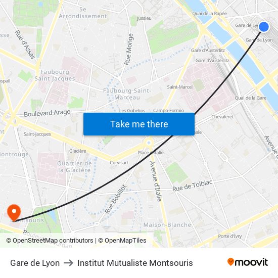 Gare de Lyon to Institut Mutualiste Montsouris map