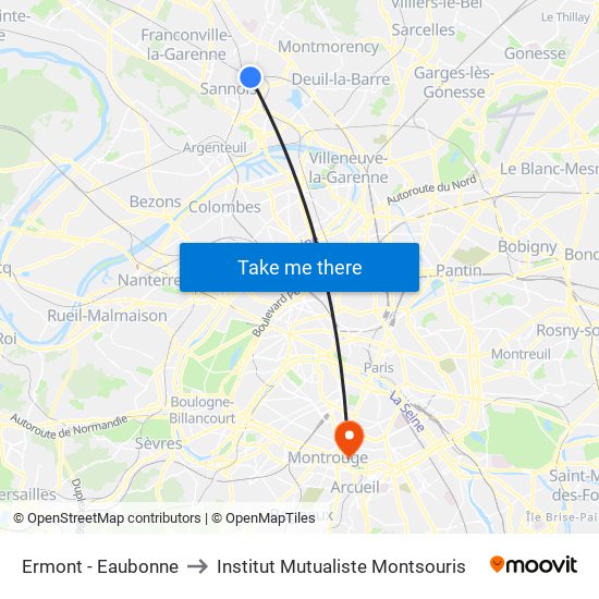 Ermont - Eaubonne to Institut Mutualiste Montsouris map