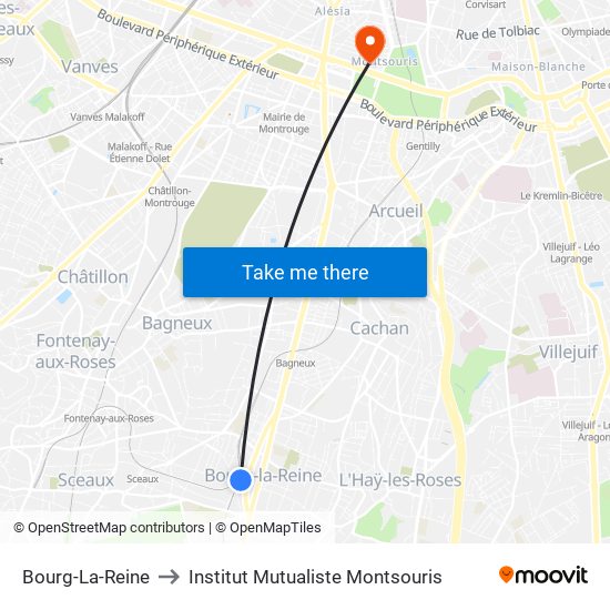 Bourg-La-Reine to Institut Mutualiste Montsouris map
