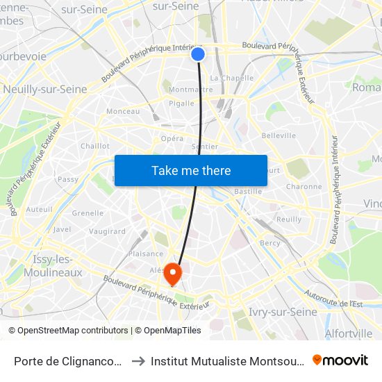 Porte de Clignancourt to Institut Mutualiste Montsouris map