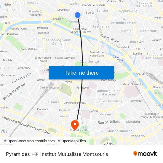 Pyramides to Institut Mutualiste Montsouris map