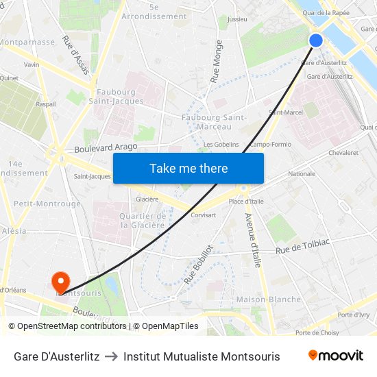 Gare D'Austerlitz to Institut Mutualiste Montsouris map