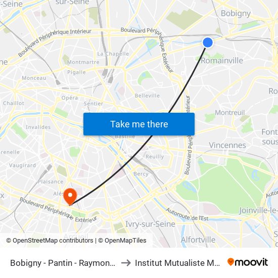 Bobigny - Pantin - Raymond Queneau to Institut Mutualiste Montsouris map