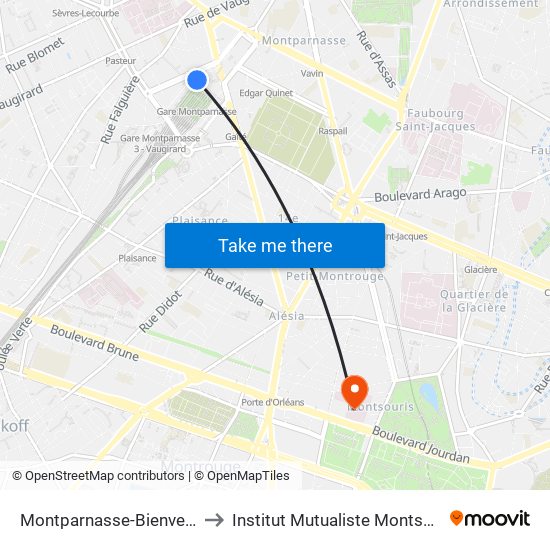 Montparnasse-Bienvenue to Institut Mutualiste Montsouris map