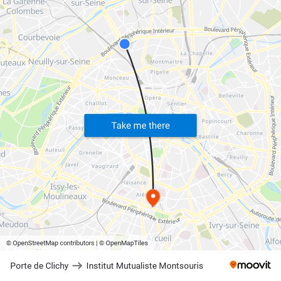 Porte de Clichy to Institut Mutualiste Montsouris map