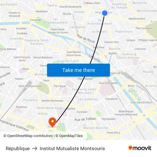 République to Institut Mutualiste Montsouris map