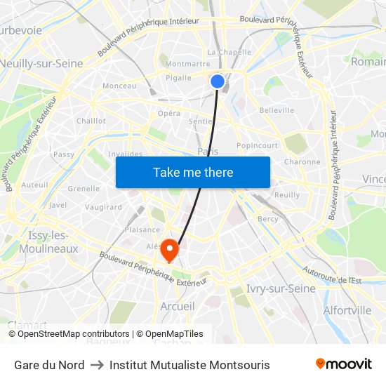 Gare du Nord to Institut Mutualiste Montsouris map