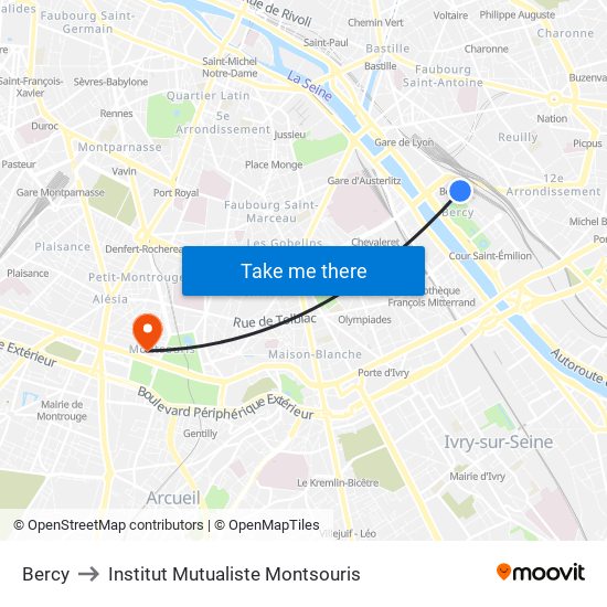 Bercy to Institut Mutualiste Montsouris map