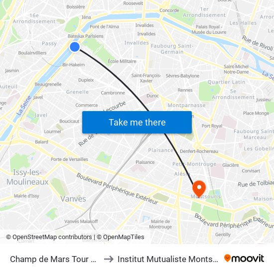 Champ de Mars Tour Eiffel to Institut Mutualiste Montsouris map
