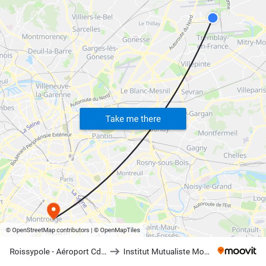 Roissypole - Aéroport Cdg1 (D3) to Institut Mutualiste Montsouris map