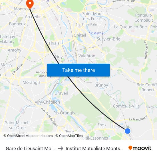 Gare de Lieusaint Moissy to Institut Mutualiste Montsouris map