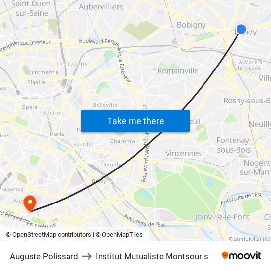 Auguste Polissard to Institut Mutualiste Montsouris map