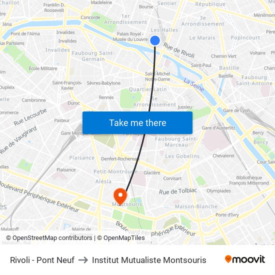 Rivoli - Pont Neuf to Institut Mutualiste Montsouris map