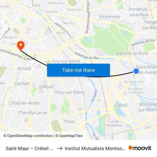Saint-Maur – Créteil RER to Institut Mutualiste Montsouris map
