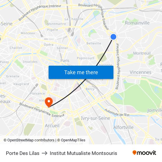 Porte Des Lilas to Institut Mutualiste Montsouris map