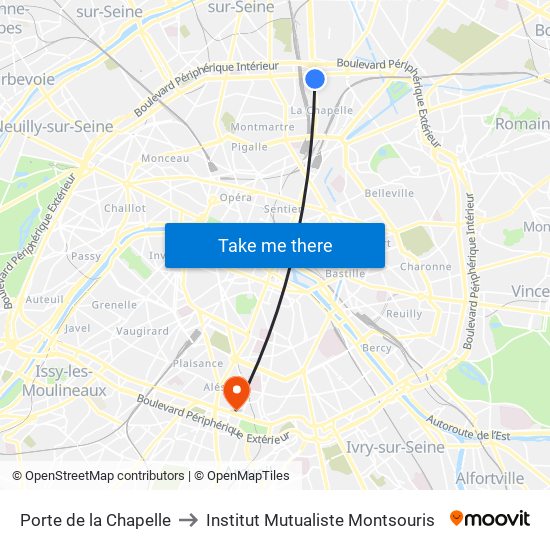 Porte de la Chapelle to Institut Mutualiste Montsouris map