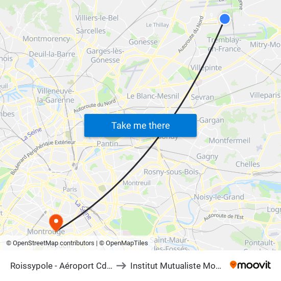 Roissypole - Aéroport Cdg1 (D1) to Institut Mutualiste Montsouris map