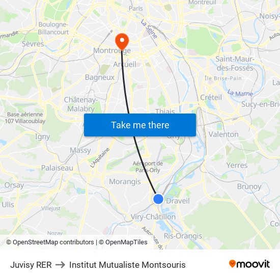 Juvisy RER to Institut Mutualiste Montsouris map