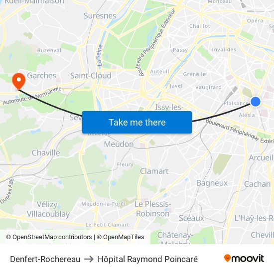 Denfert-Rochereau to Hôpital Raymond Poincaré map