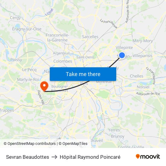 Sevran Beaudottes to Hôpital Raymond Poincaré map