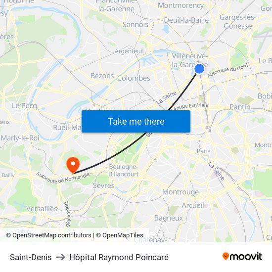 Saint-Denis to Hôpital Raymond Poincaré map