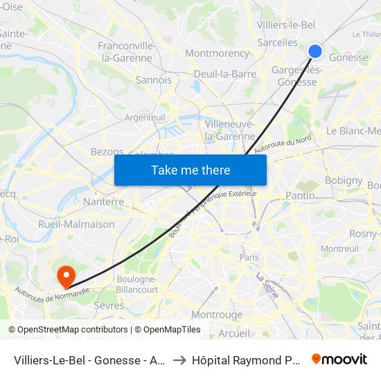 Villiers-Le-Bel - Gonesse - Arnouville to Hôpital Raymond Poincaré map