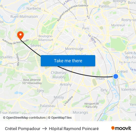 Créteil Pompadour to Hôpital Raymond Poincaré map
