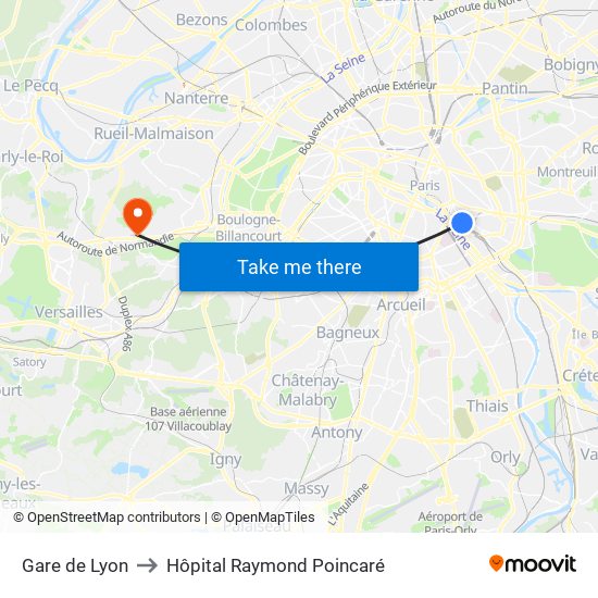 Gare de Lyon to Hôpital Raymond Poincaré map
