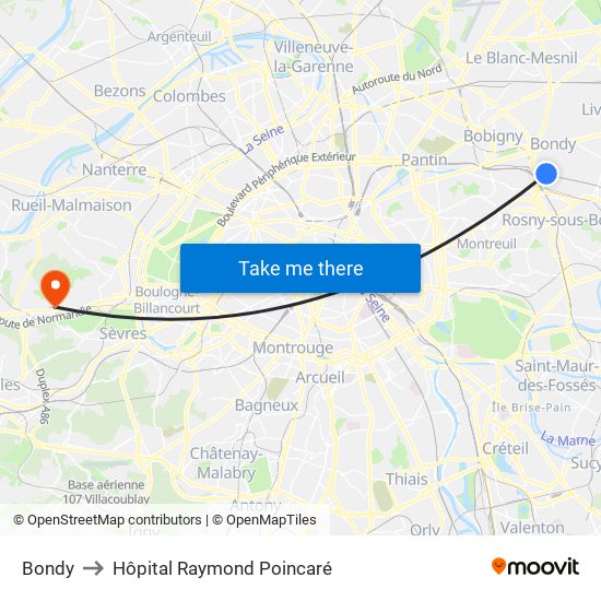 Bondy to Hôpital Raymond Poincaré map
