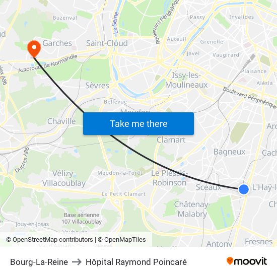 Bourg-La-Reine to Hôpital Raymond Poincaré map