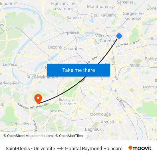 Saint-Denis - Université to Hôpital Raymond Poincaré map