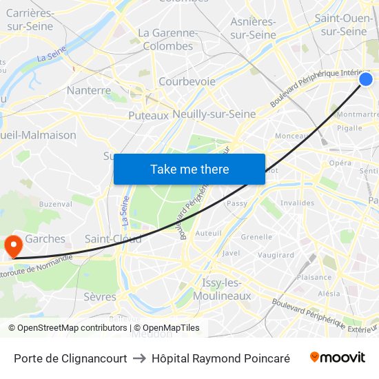 Porte de Clignancourt to Hôpital Raymond Poincaré map