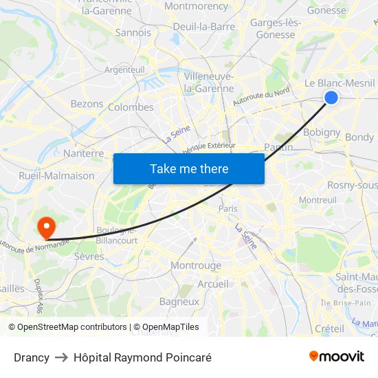 Drancy to Hôpital Raymond Poincaré map