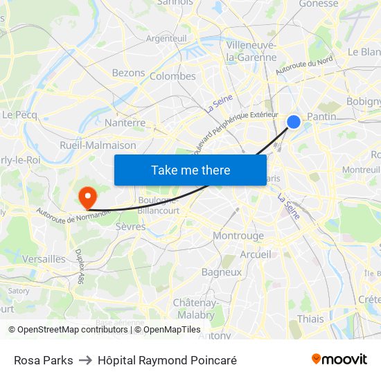 Rosa Parks to Hôpital Raymond Poincaré map