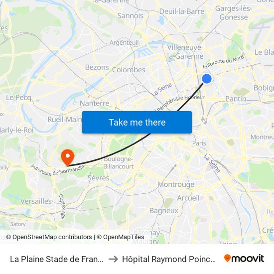 La Plaine Stade de France to Hôpital Raymond Poincaré map