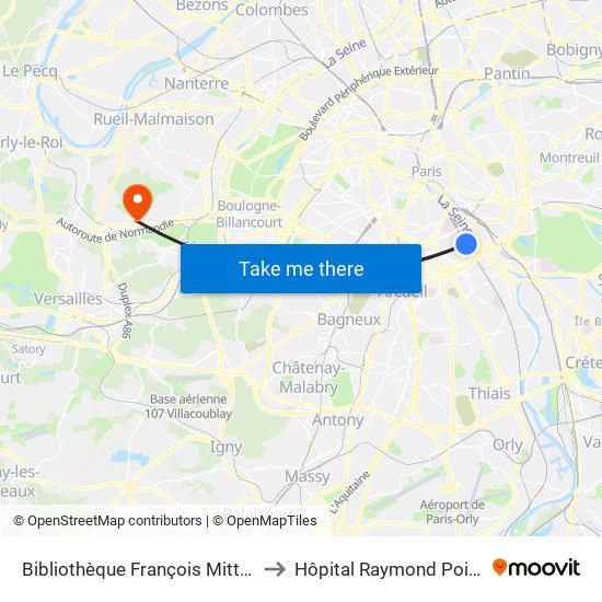 Bibliothèque François Mitterrand to Hôpital Raymond Poincaré map