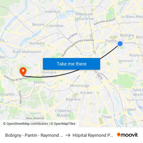 Bobigny - Pantin - Raymond Queneau to Hôpital Raymond Poincaré map