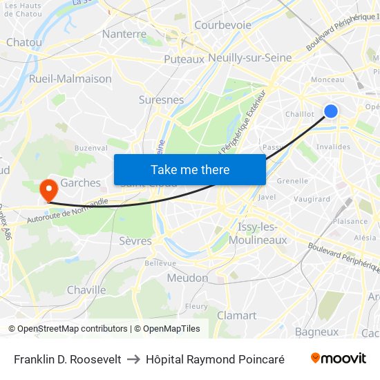 Franklin D. Roosevelt to Hôpital Raymond Poincaré map