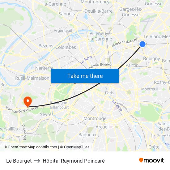 Le Bourget to Hôpital Raymond Poincaré map